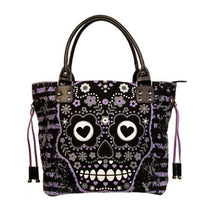 Load image into Gallery viewer, Purple Sugar Skull Shoulder Bag By Banned Apparel
